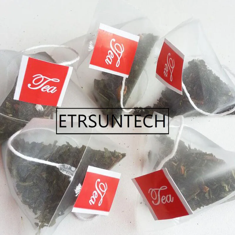 2000pcs 5.8*7cm Pyramid Tea Bags Filters Nylon TeaBag Single String With Label Transparent Empty Tea Bags