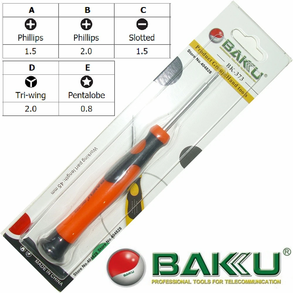 Precision Screwdriver for Repair.Cross1.5/2.0 Slotted 1.5 Pentalobe 0.8 Torx T3/T5/T6 BAKU BK-373