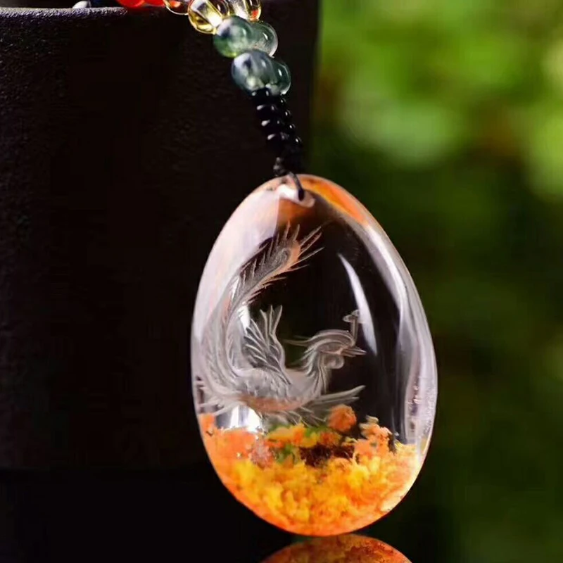 Wholesale Flower Natural Ghost Crystal Pendants Hand Carved Phoenix Sweater Chain Necklace Lucky for Women Men Crystal Jewelry