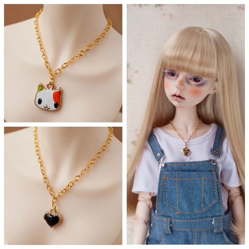 

1PCS Blyth Dolls Necklace with chains Cute Heart Cat Bowknot Pendants adjustable necklaces for Blyth 1/6 BJD Dolls Accessories