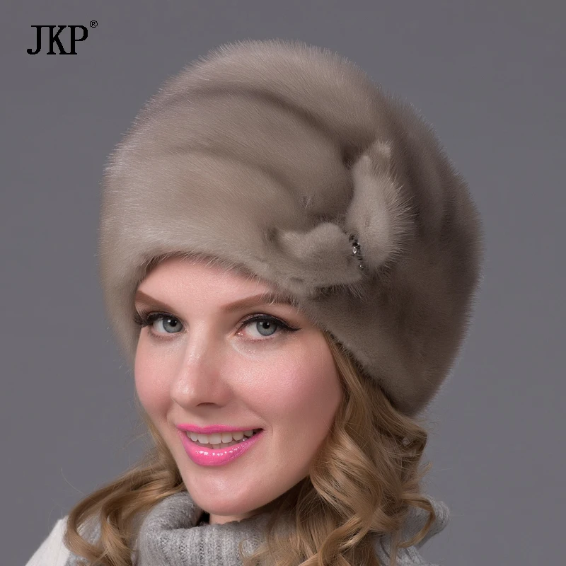 

JKP Genuine Real Natural Whole Fur Mink Fur Hat New Russia Lady Women Winter warm Ear Protection Casual Floral Visors Caps