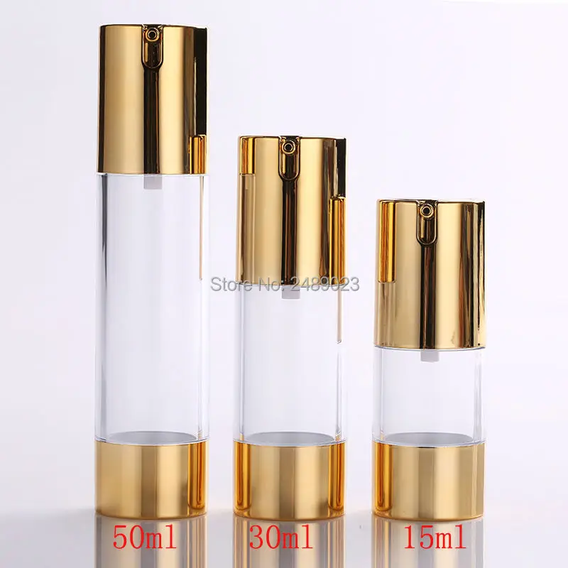 

1pcs Gold Silver Vacuum Bottle Pump Airless Luxury Portable Cosmetic Lotion Treatment Travel Empty Container 15ml/30ml/50ml