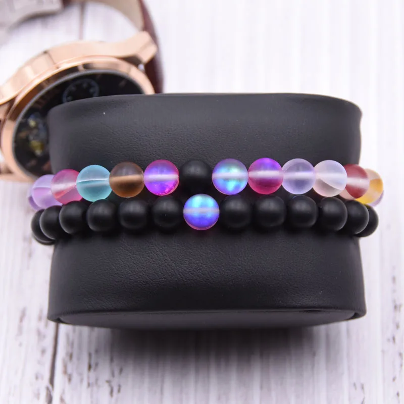 2pcs/set couple bracelets Trendy Natural Labradorite Beads Bracelet Charm Round Chain Beads Bracelets Jewelry For Women