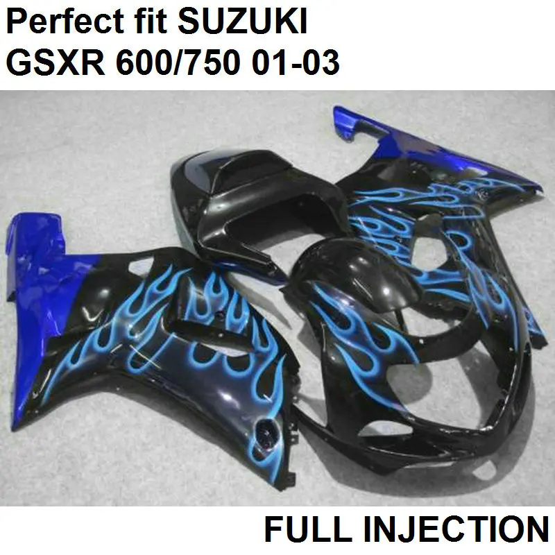 

100% fit for Suzuki injection molding fairings GSXR600 01 02 03 blue flames black fairing kit GSXR 750 2001 2002 2003 LV36