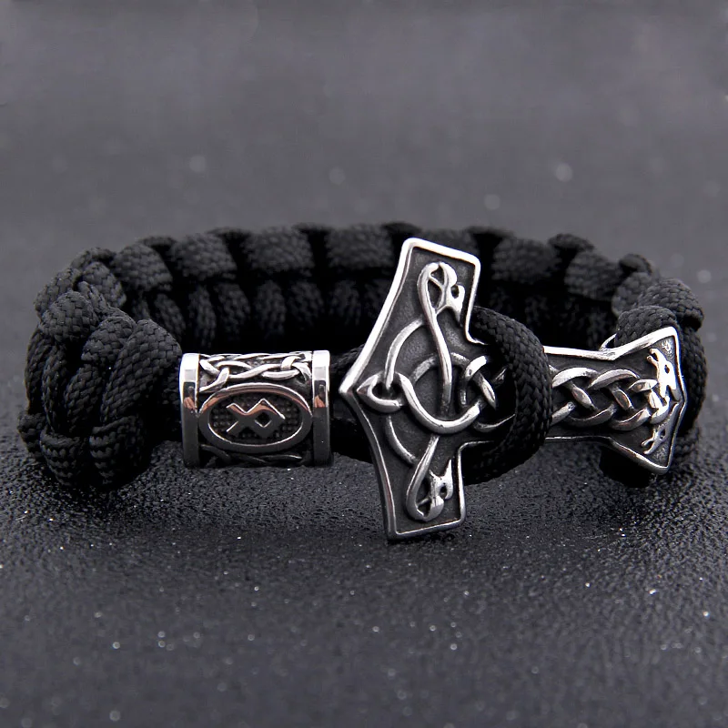 Dropshiping 316L stainless steel handmade Viking thor\'s hammer bracelet Celtic knot rune beads as man gift