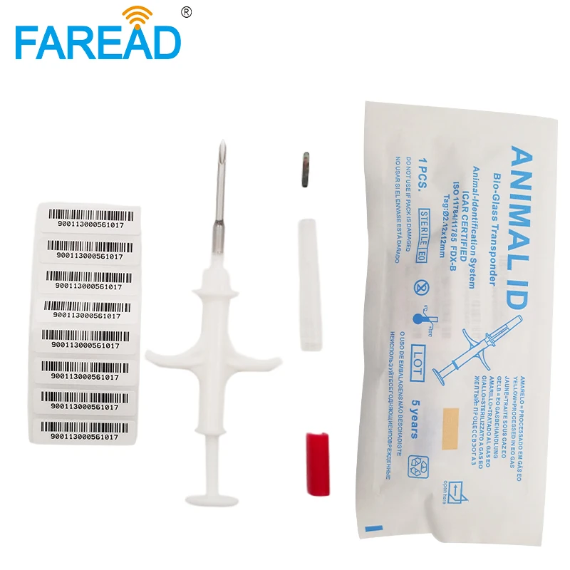 Inyector de Microchip RFID, FDX-B de implante, 134,2 Khz, ISO11784/5, 2,12x12mm, identificación de mascotas, jeringa de Animal con número ICAR,