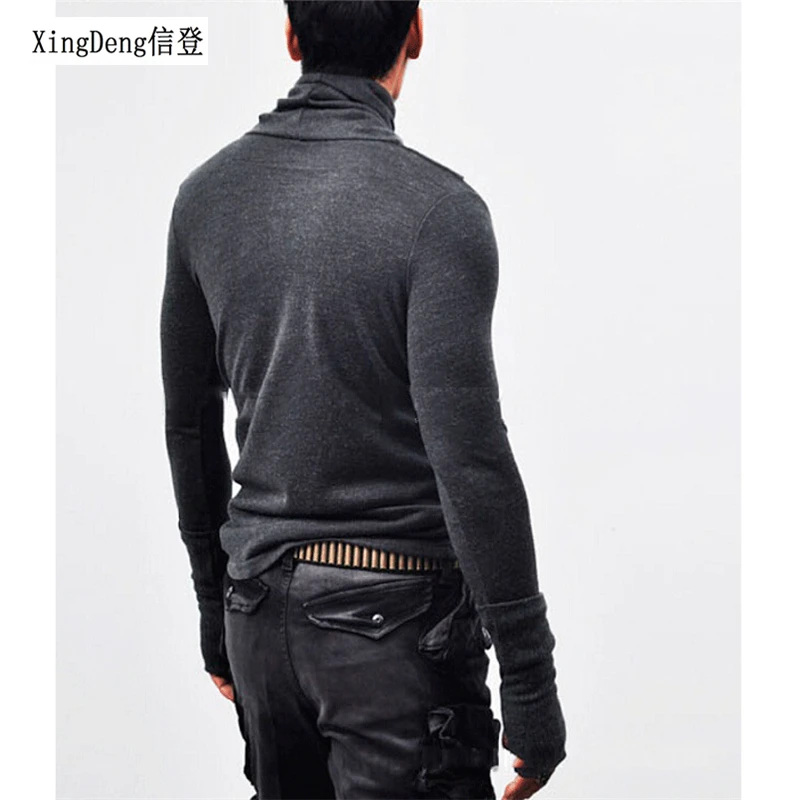 XingDeng men turtleneck mittens long sleeve T-shirt Men fashion casual tee gloves male slim fit punk  costume clothing top coats