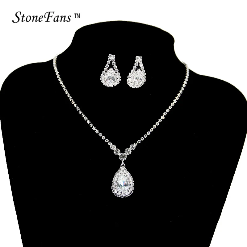 StoneFans Simple Crystal Water Drop Jewelry Set Necklace Set Cubic Zircon Charms Maxi Earrings Statement Wedding Jewelry Set