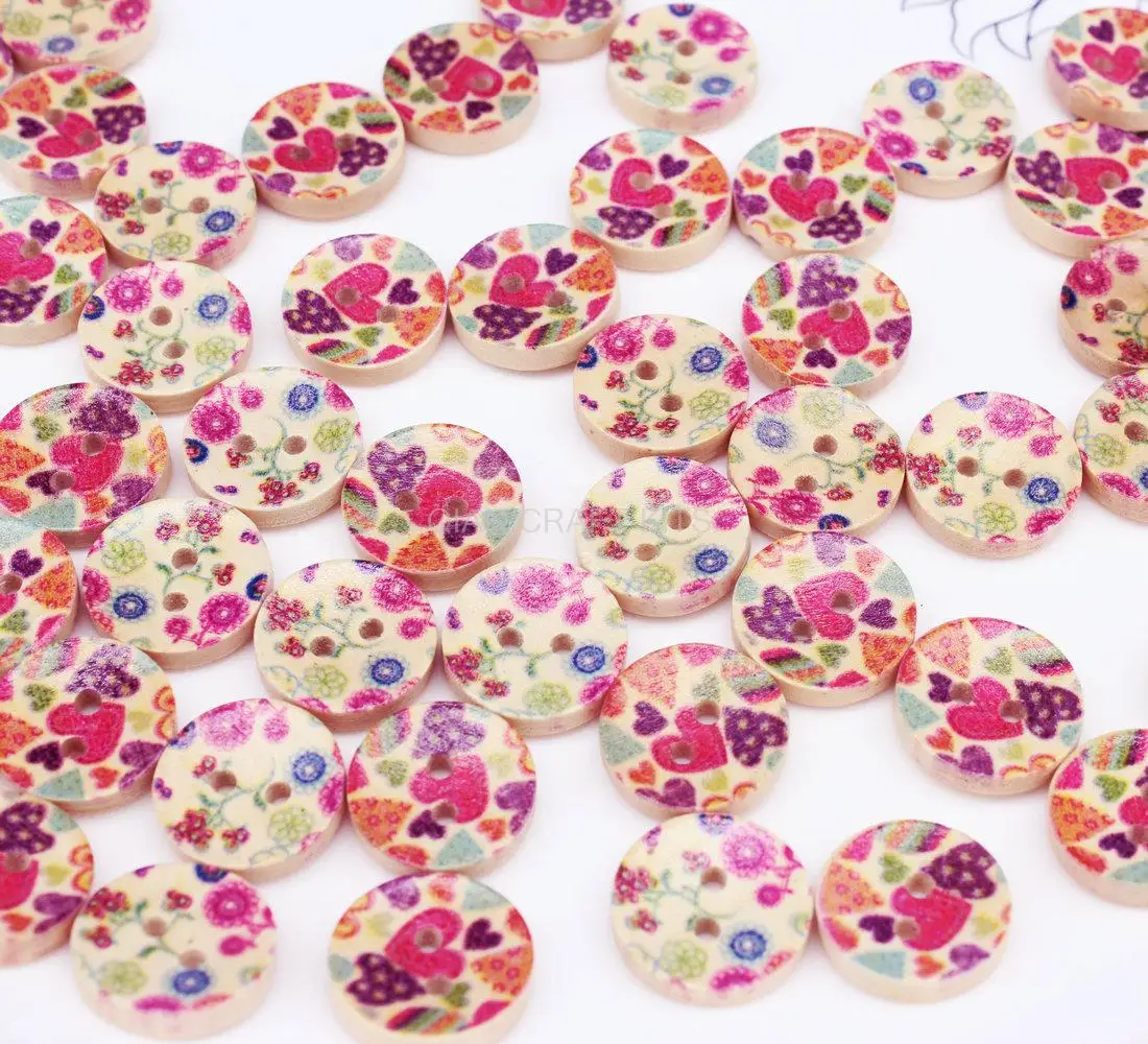 500pcs bulk 15mm sweet kawaii paint heart Flower Wooden Buttons - Picture Concave Wood Buttons 15mm natural wood