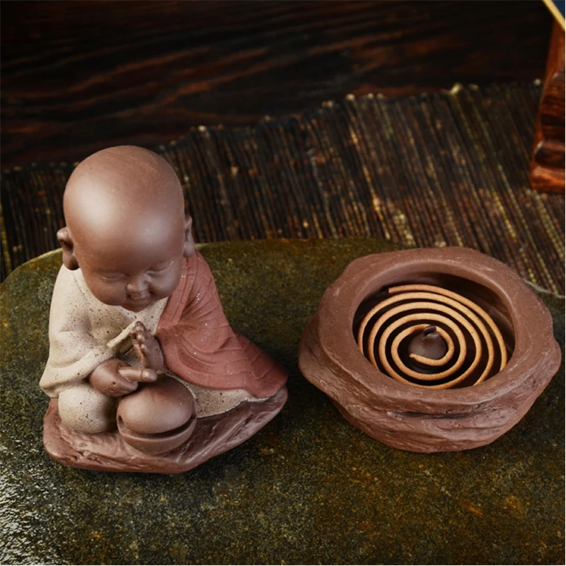 Buddha Statues incense burner beat a wooden drum dish incense base Bowl baldheaded monk rich aroma stove Incense  coil incense