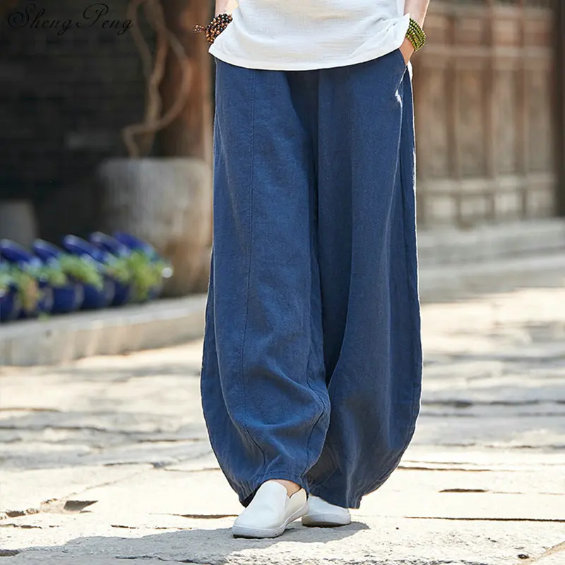 Chinese style off white pants baggy pants women vertical stripes casual loose oversized wide leg pants V940