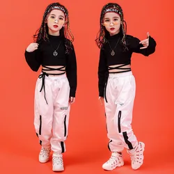 Girls Jazz Hip Hop Dancing Costumes for Kids Black T Shirt Crop Tops Jogger Pants Ballroom Performance Show Dance Clothes