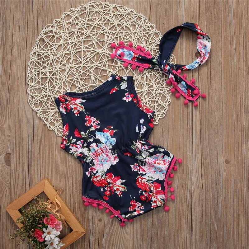 Floral Tassels Baby Girl Bodysuits Cotton Summer Newborn Clothes Infant Baby Girl Sleeveless Bodysuit Jumpsuit Playsuit Sunsuit