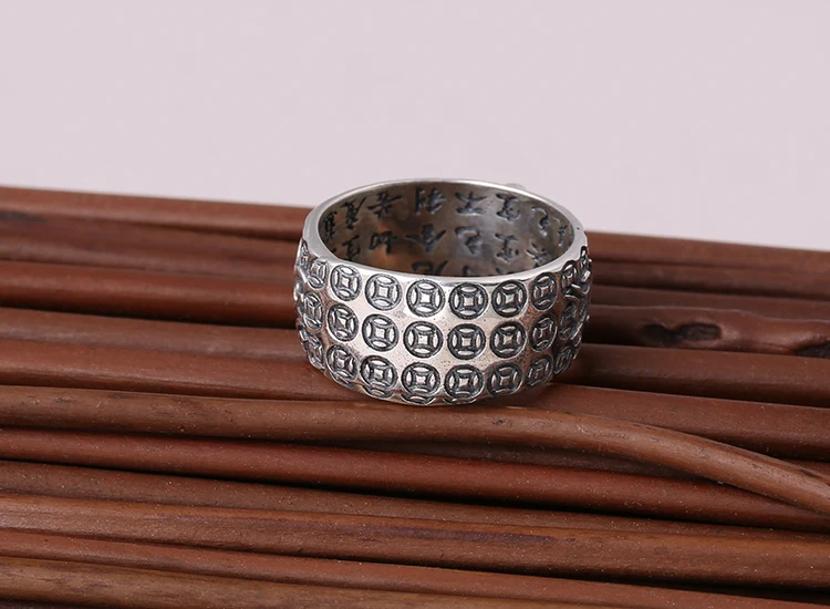 100% 925 Silver Tibetan Six Words Proverb Ring Good Luck Wealth Pixiu Ring Lucky Jewelry Man Ring