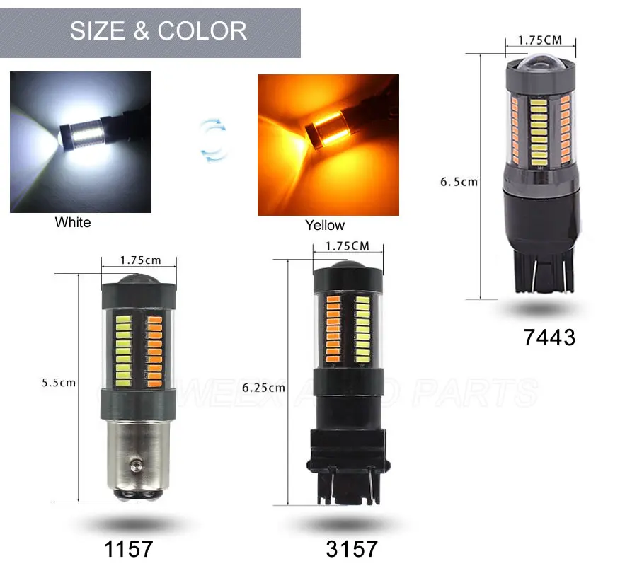 1 Pcs 1157 BAY15D T25 3157 T20 7443 Led 4014 66 SMD Auto Car Bulbs Turn Signal Lights Brake Lamp 12V Dual-Color White Amber