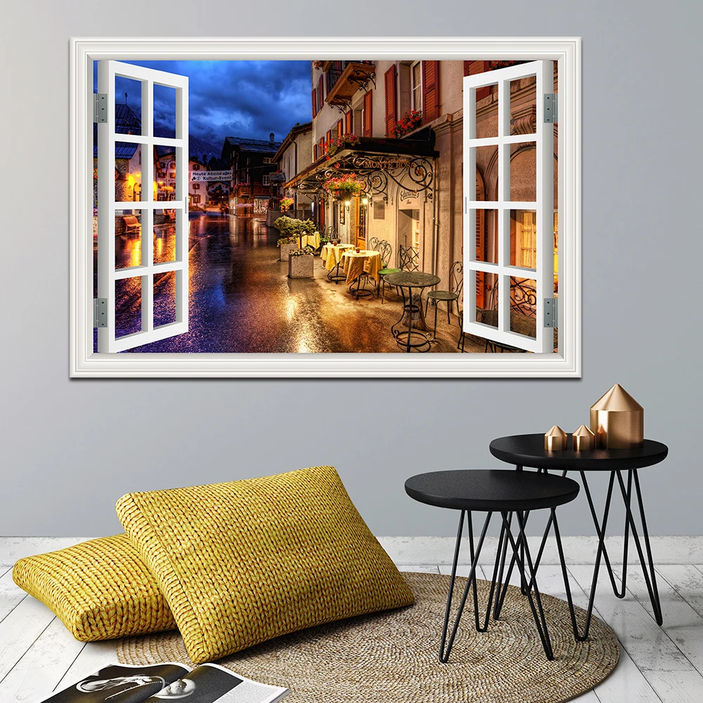 3D Window View Wall Sticker, European Town Street Picture Poster, Landscape Vinyl Decal, Wallpaper for Home Living Room Decor