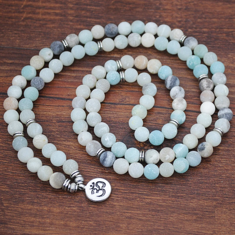 Yumfeel Natural Stone Bracelet 108 Mala Yoga Matte Amazonite Stone OM Lotus Flower Buddha Bracelet & Necklace Stone Jewelry