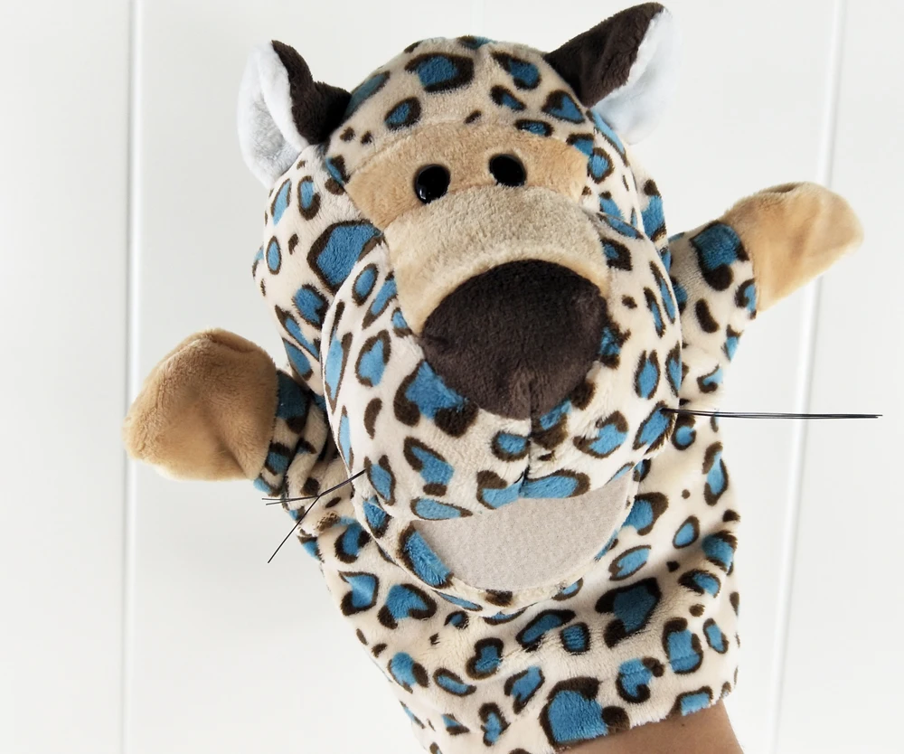 Brinquedo de pelúcia recheado de fantoche de mão de leopardo manchado infantil