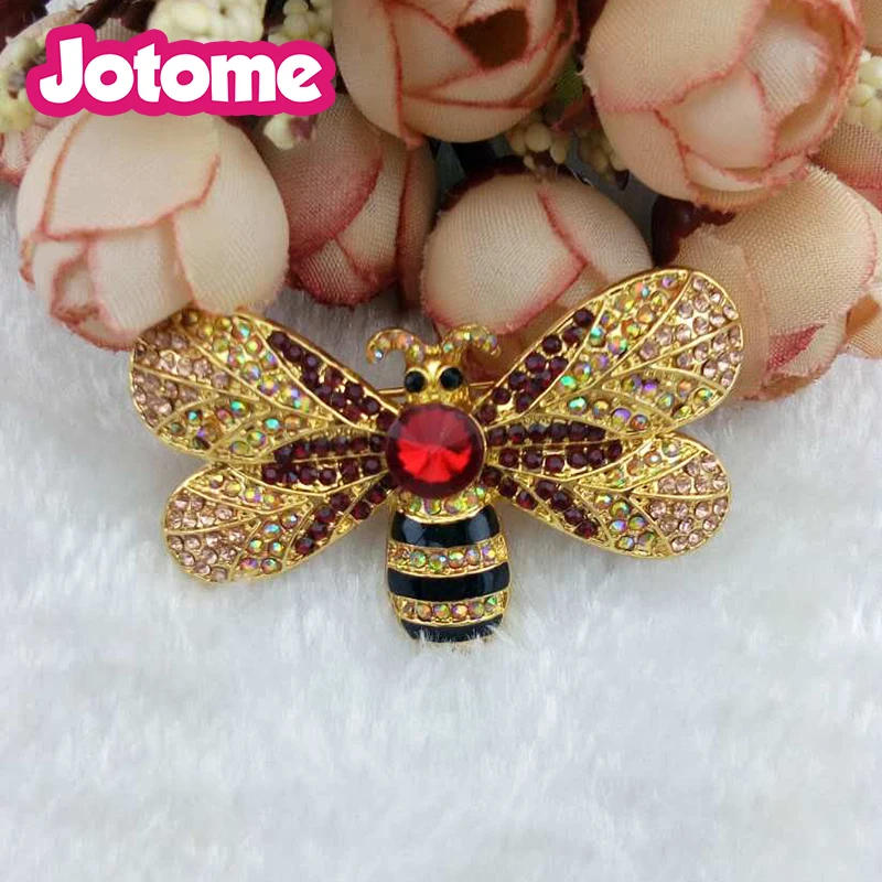 Vintage Brown Bee Insect Gold-Tone Brooch Pin Rhinestone Crystal for Women