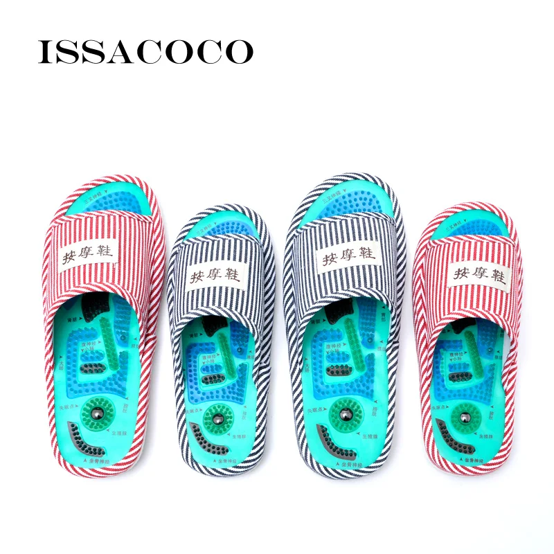 ISSACOCO-Chinelos de massagem masculina com ímã, chinelos internos, chinelo doméstico, chinelos de massagem nos pés, listra azul, sapatos de verão