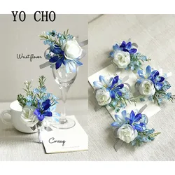 YO CHO Royal Blue Rose Wrist Corsage Bracelet Hand Flowers Brooch Party Bridal Prom Wedding Decor Photography Props Boutonniere
