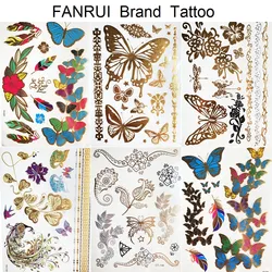 Gold Metallic Butterfly Temporary Tattoo Lance Henna Flower Women Flash Tattoo Sticker Girl Body Hand Art Waterproof Tatoos Leaf