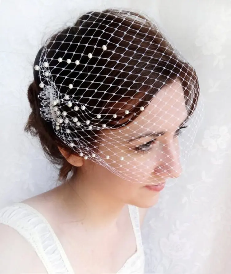 Birdcage pequeno véu com pérolas, casamento Bandeau Veil, Fedoras