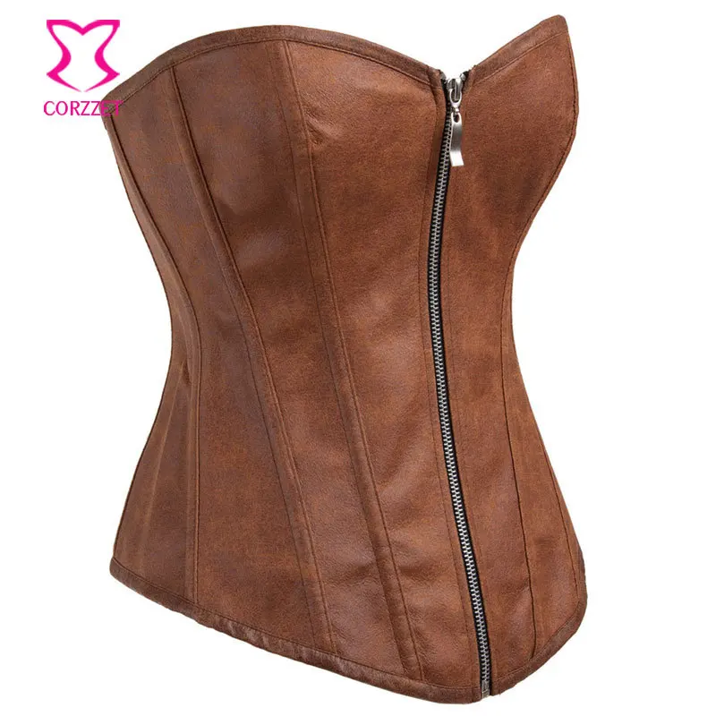 Women Zipper Sexy Brown Faux Leather Corset Overbust Corsetto Steampunk Corsets Waist Slimming Corpetes E Espartilhos Para Festa