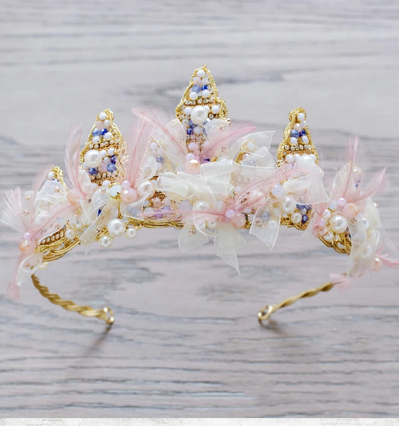 HIMSTORY Handmade Pink Organza Flower Crown Tiara Rhinstone Crystal Peal Princess Headbands Wedding Hair Accessories