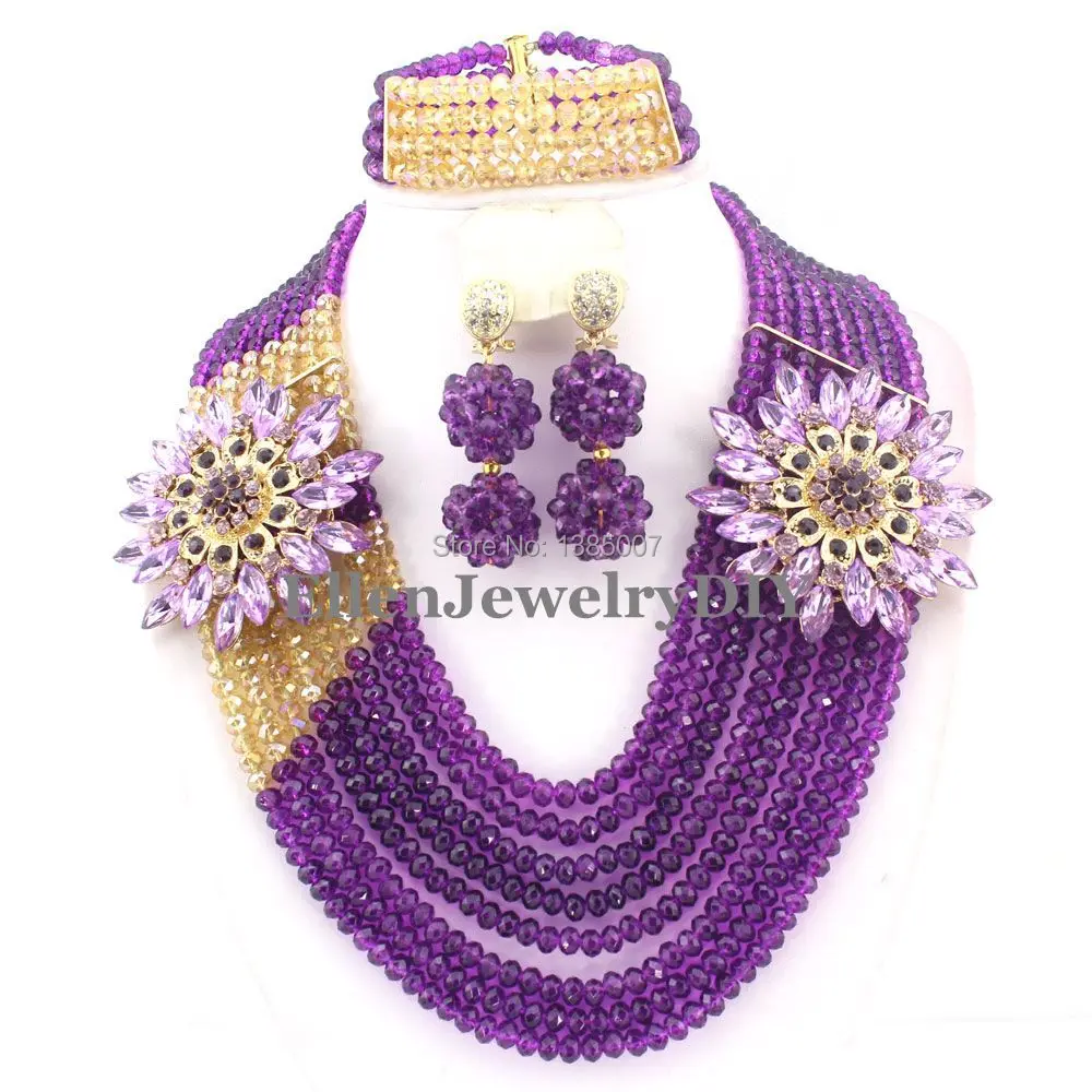 

Purple African Nigerian Wedding Crystal Beads jewelry set Wedding bridal Bracelet Earrings necklace Jewelry set W7523