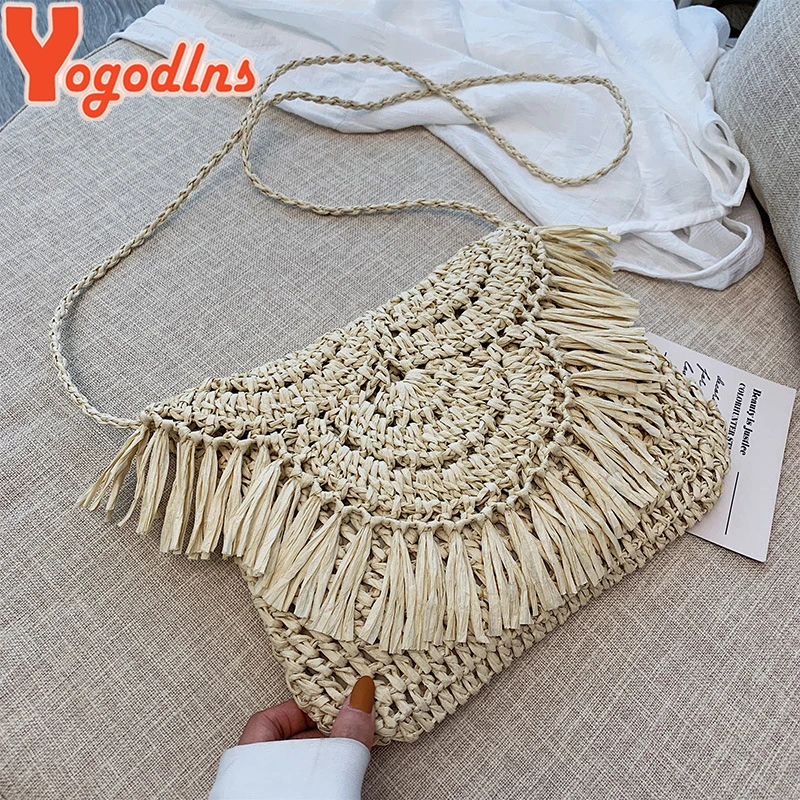 Yogodlns Newest Hot Summer Women Tassels Straw Rattan Wicker Weave Shoulder Bags Handbag Flap Ladies Holiday Beach Crossbody Bag