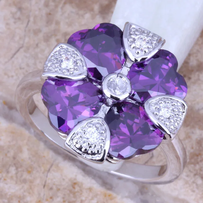 Prominent Purple Cubic Zirconia White CZ Silver Plated  Women\'s Ring Size 6 / 7 / 8 / 9 R0976