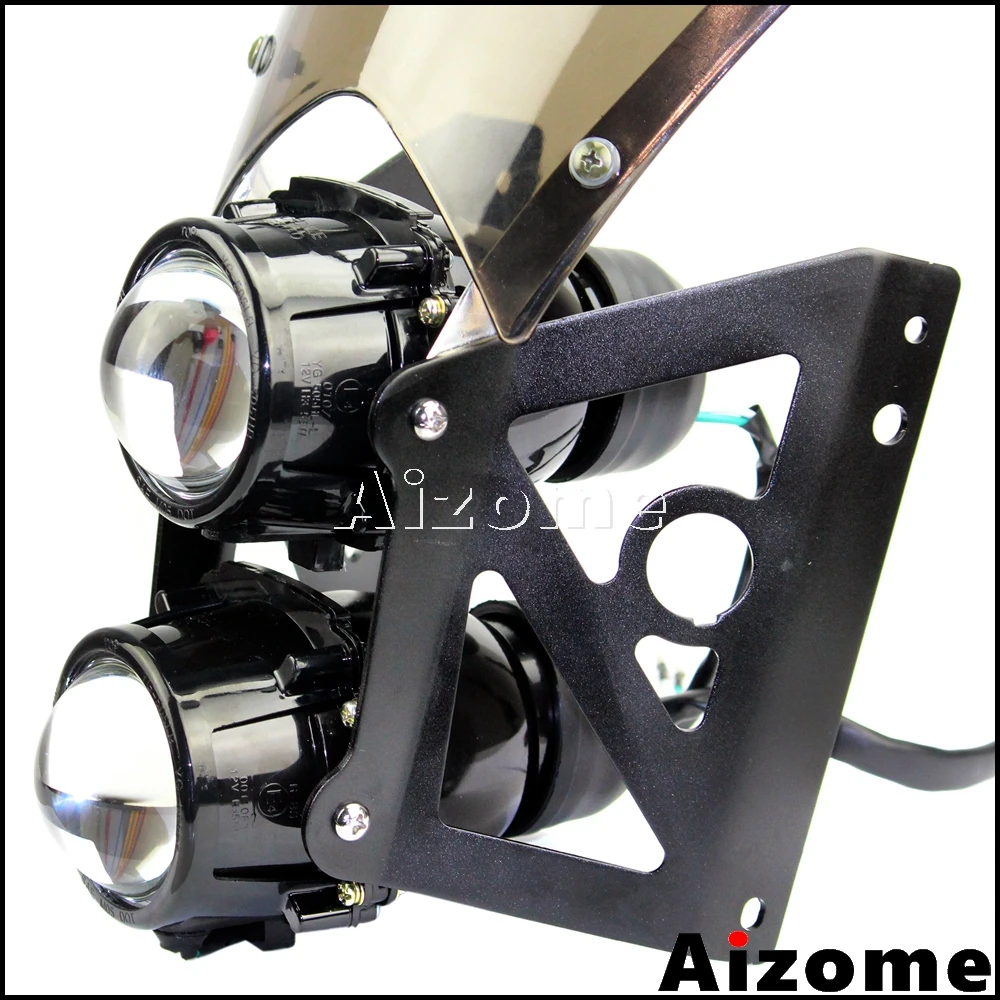 Universal Motorcycle Dirt Bike Twin Headlight w/ Bracket Street Bikes Projector Dual Sport Headlamp Headlight w/ Wind Screen