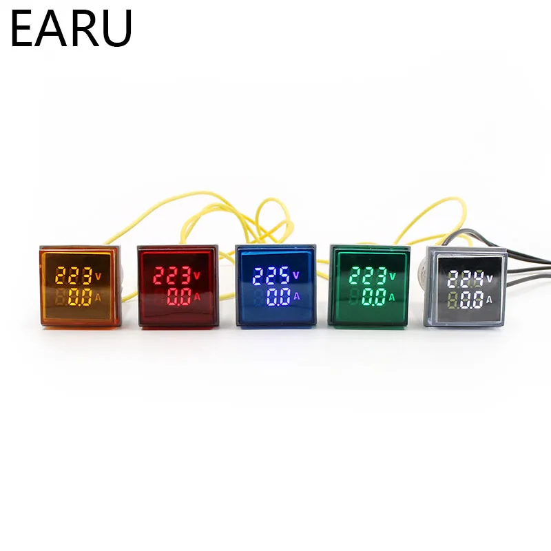 Mini Digital Voltmeter Ammeter 22mm Square AC 20-500V 0-100A Amp Volt Voltage Tester Meter Dual LED Indicator Pilot Lamp Light