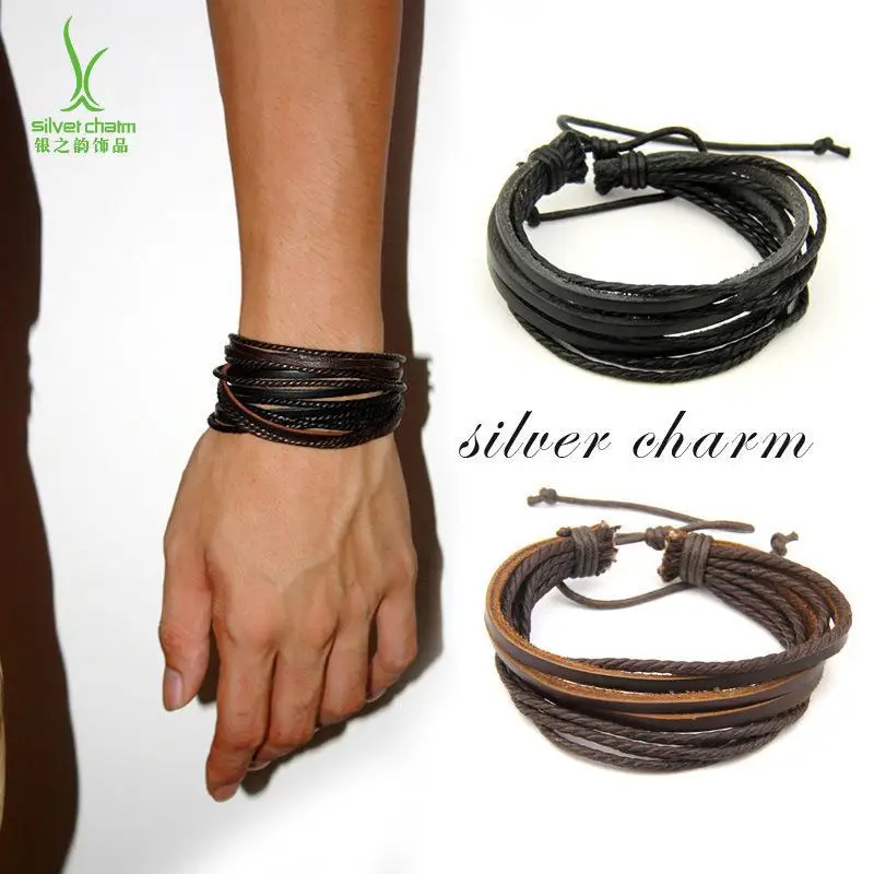 24pcs mixed 3 colors Wrap Leather Black and Brown Braided Rope Bracelet for Men and Women Charms Fashion Man