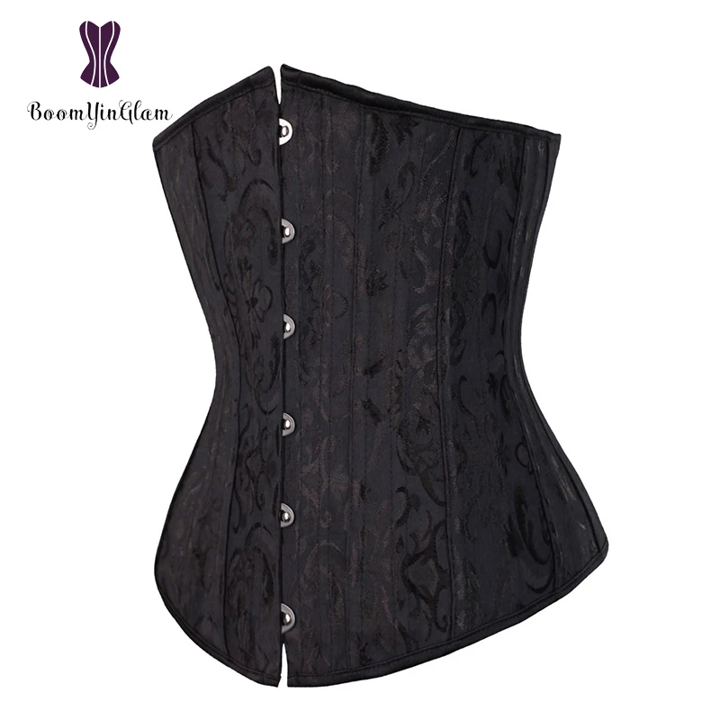 Plus Size Longline Jacquard 26 Spiral Steel Boned Underbust Corset Black Steampunk Bustier Top 2834#