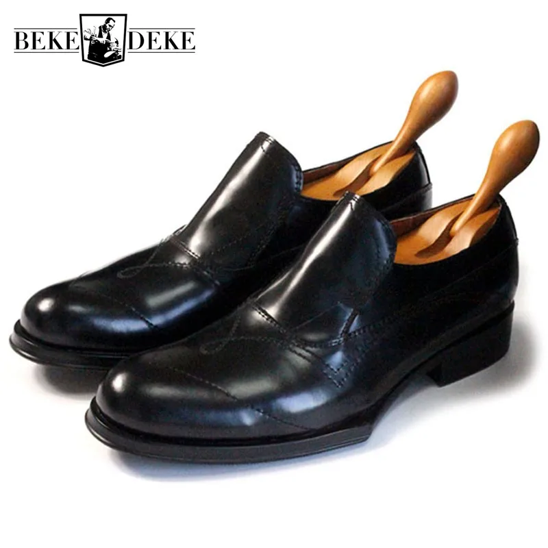 Italy Designer Block Heels Geometric Platform Runway Dress Shoes Men Moccasin Handmade Genuine Leather Loafers Office Footwear