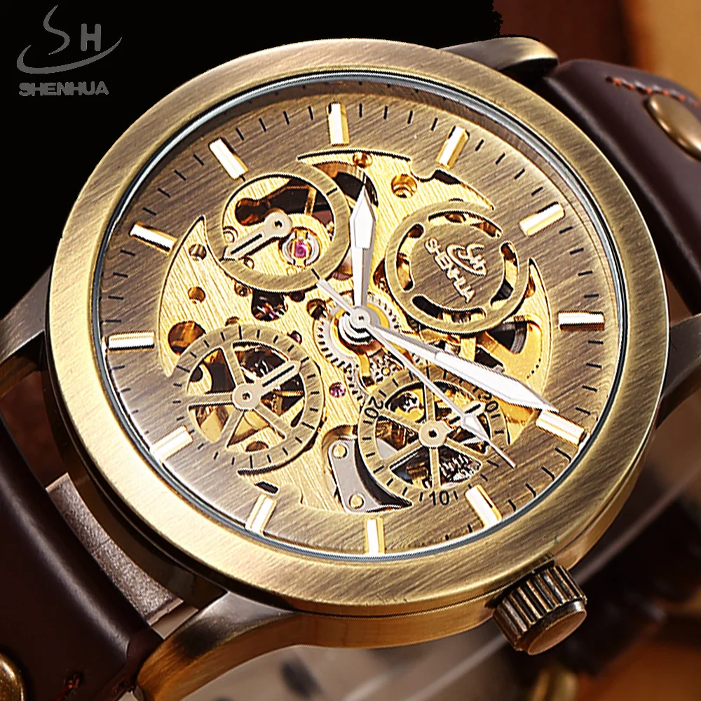 

SHENHUA Retro Bronze Skeleton Automatic Mechanical Watch Men Watches Luxury Top Brand Leather Business Watch Relogio Masculino