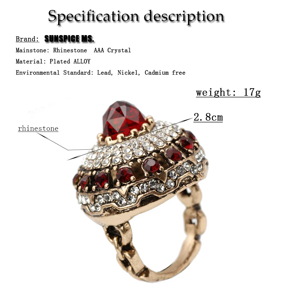 Exquisite Turkish Natural Stone Vintage Rings For Women Antique Gold Color Full Crystal Big Wedding Rings Jewelry 2018 New Style