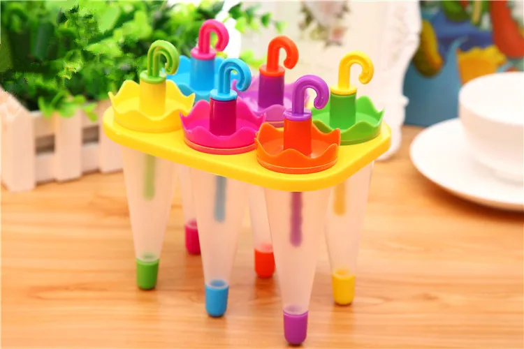 6pcs/lot Umbrella Ice Cream Molds Popsicle Ice Cube Tray Maker PP Frozen Ice Cube Sticks Lolly Mould Cooking Tools PF 001