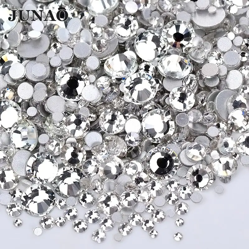 JUNAO SS6 8 10 12 16 20 Mix Size Clear White Glass Nail Rhinestone Flatback Nail Face Crystal Stones Round Scrapbook Strass