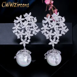 CWWZircons Big White Cubic Zirconia Long Dangle Drop Flower Pearl Earrings Jewelry for Women Wedding Party Accessories CZ372