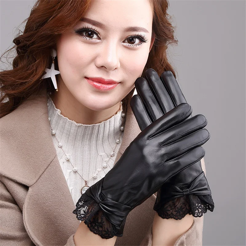 Fashion New Fashion Lace Leather Gloves Ladies Winter Plus Velvet Warm Sheepskin Gloves 1651-5