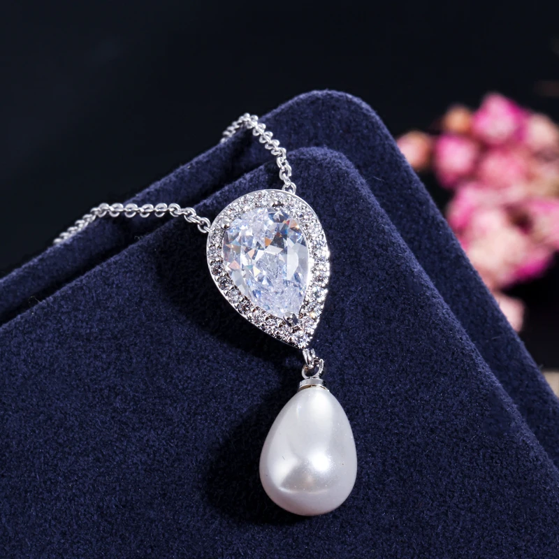 CWWZircons Brilliant Quality Cute Water Drop Cubic Zirconia Dangling Pearl Necklace Earrings Jewelry Sets for Women T156