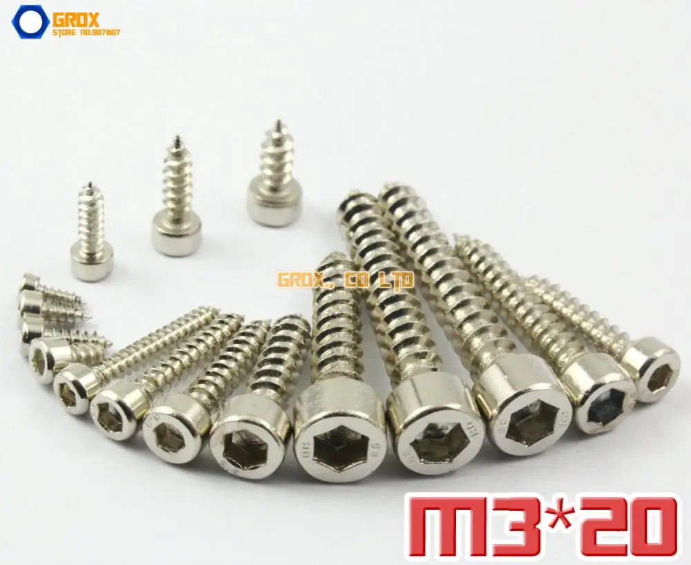 100 Pieces M3 x 20mm 8.8 Grade Alloy Steel Nickel Plated Hexagon Socket Cap Head Self Tapping Screw Model Screw