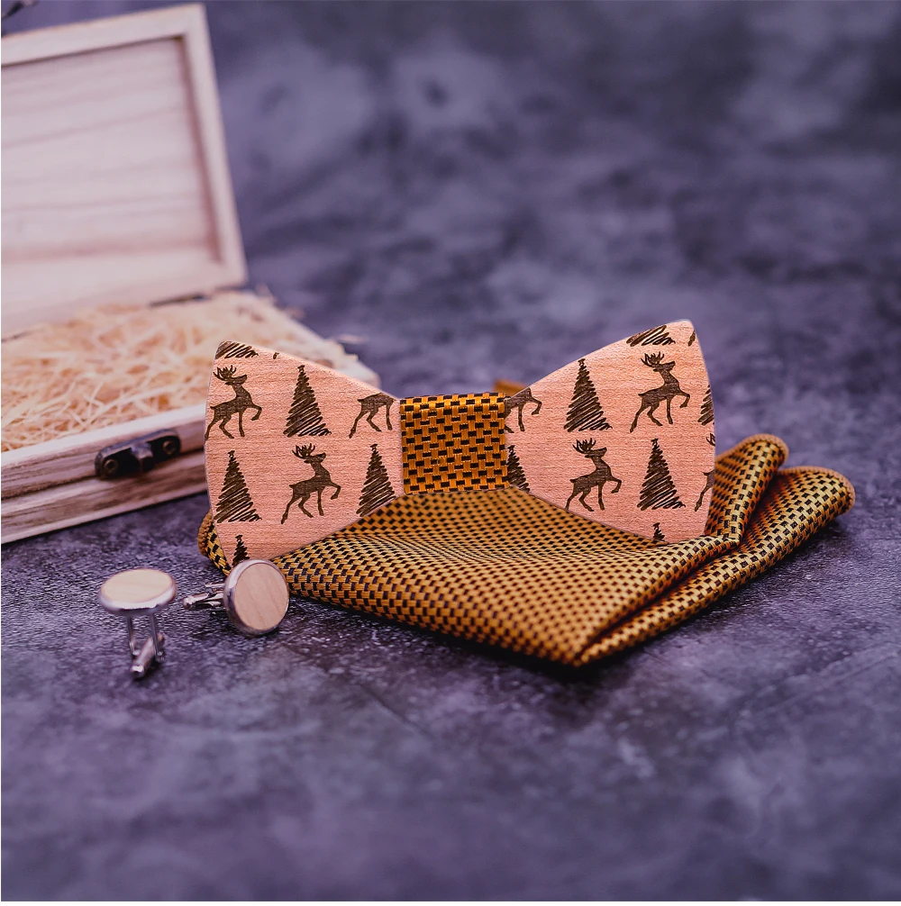 Holz design handgemachte Holz fliege brosche holz box set hochzeit partei bankett manschettenknöpfe taschentücher revers blumen – Detail 3