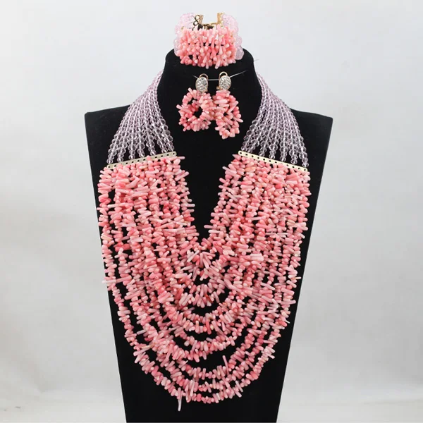 Baby Pink Coral Beads Jewelry sets African Wedding Bridal Fashion Nigerian Women Beads Necklace Jewelry Set Free Shipping ABH234