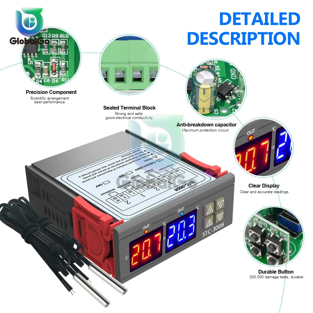 Double Display Two-way Thermostat Double Probe Temperature Controller Sensor Two Relay Output AC110-220V DC24V 12V STC-3008