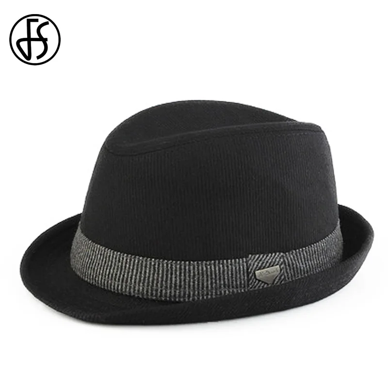 FS Vintage Black Wool Felt Wide Brim Fedora Hats For Men Striped Gangster Trilby Hat Autumn Winter Panama Jazz Cap Chapeau Homme