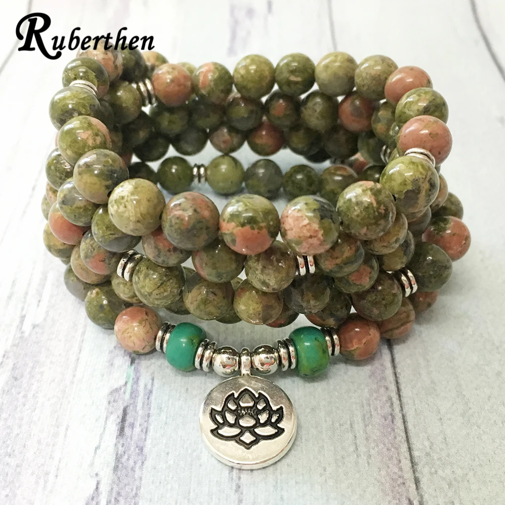 Ruberthen New Design 108 Mala A Grade Unakite Bracelet High Quality Lotus Charm Bracelet Emotional Balance Self Bracelet